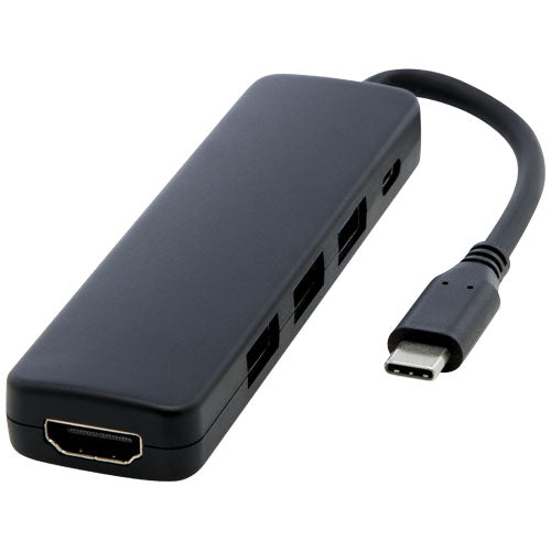 Schwarzer Loop Multimedia-Adapter aus recyceltem Kunststoff mit HDMI und USB-Anschlüssen, individuell gestaltbar bei Signalshop.de, ideal als Werbeartikel, Werbegeschenk, Werbemittel, Giveaway.