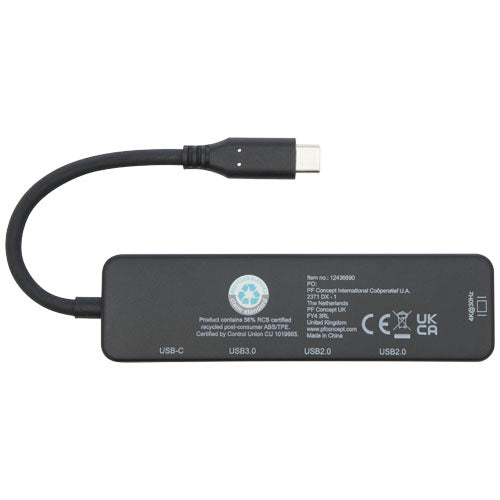 Schwarzer Loop Multimedia-Adapter aus recyceltem Kunststoff mit HDMI, USB-C, individuell bedruckbar, Signalshop.de Werbeartikel.