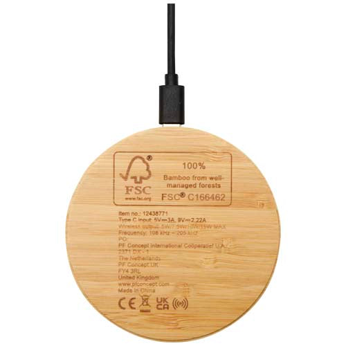 Essence 15W kabelloses Ladepad aus Bambus, rund, mit Logo bedruckbar, Signalshop.de Werbeartikel.