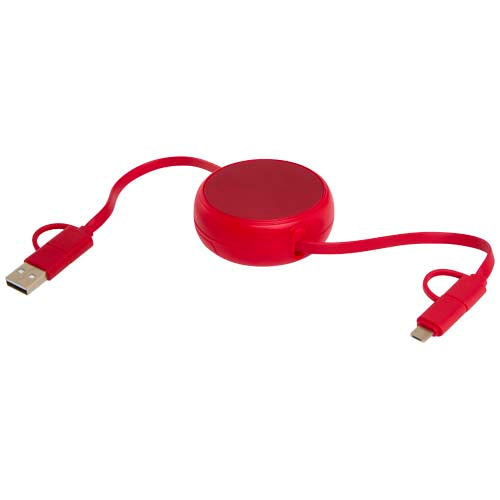 Rotes, einziehbares 5-in-1 Kabel aus recyceltem Kunststoff von Signalshop.de, individuell bedruckbar, für Werbeartikel.