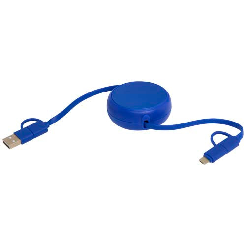 Blaues 5-in-1 einziehbares Kabel aus recyceltem Kunststoff mit USB-Anschlüssen, individuell gestaltbar, Signalshop.de Werbeartikel