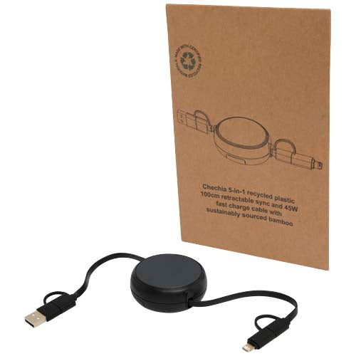 Alasia 5-in-1 Kabel, recycelter Kunststoff, Aluminium, einziehbar, individuell bedruckbar, Signalshop.de Werbeartikel