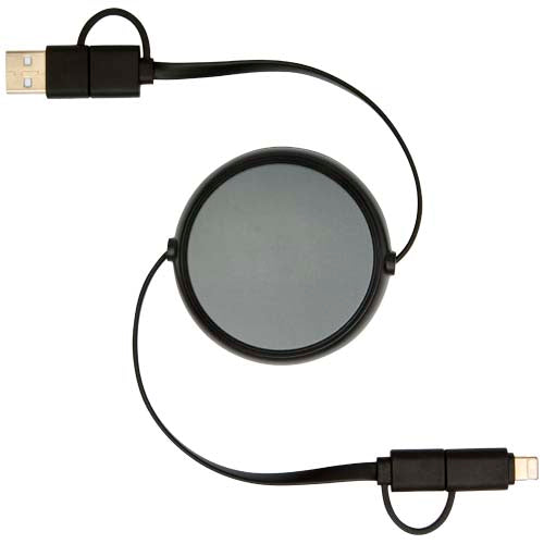 Einziehbares Alasia 5-in-1 Kabel aus recyceltem Kunststoff mit USB-Anschlüssen, individuell bedruckbar, Signalshop.de Werbeartikel.