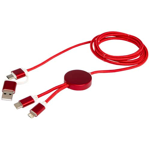 Rotes Alasia 5-in-1 Ladekabel aus recyceltem Kunststoff mit USB-Anschlüssen, individuell bedruckbar bei Signalshop.de, Werbeartikel.