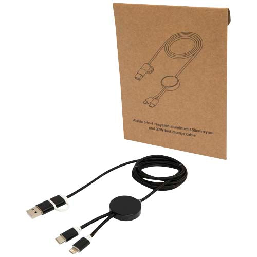 Schwarzes 5-in-1 Ladekabel aus recyceltem Kunststoff, 150 cm, individuell gestaltbar, bei Signalshop.de, ideal als Werbeartikel, Werbegeschenk, Werbemittel, Giveaway.