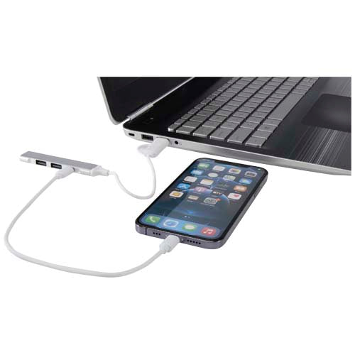 Alkaid 4 Port Hub aus recyceltem Aluminium, USB-A- und Typ-C-Anschlüsse, individuell mit Logo, Signalshop.de Werbeartikel.