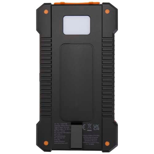Robuste schwarze Powerbank aus recyceltem Kunststoff mit Solarzellen und Taschenlampe, individuell gestaltbar, Signalshop.de Werbeartikel.
