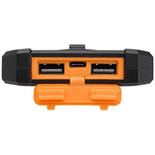 Robuste Solar-Powerbank aus recyceltem Kunststoff von Signalshop.de, mit zwei USB-Ports, individuell bedruckbar.