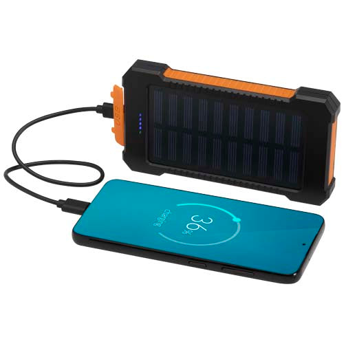 Robuste Solar-Powerbank aus recyceltem Kunststoff von Signalshop.de, lädt Handy, individuell bedruckbar, Werbegeschenk.