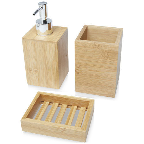 Hedon 3-teiliges Bambus Badezimmer-Set von Signalshop.de, nachhaltig und individuell gestaltbar, Werbeartikel.