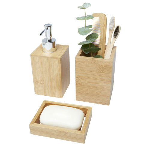 Hedon 3-teiliges Bambus Badezimmer-Set von Signalshop.de, nachhaltig, individuell gestaltbar, Werbeartikel, Werbegeschenke.