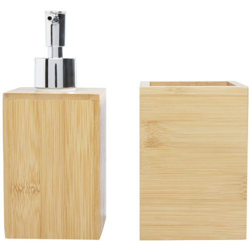 3-teiliges Bambus Badezimmer-Set von Signalshop.de, nachhaltig, individuell bedruckbar, Werbeartikel, Werbemittel.