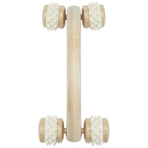 Volu Massagegerät aus Bambus mit weißen Rollen, nachhaltig, individuell mit Logo bei Signalshop.de als Werbeartikel.