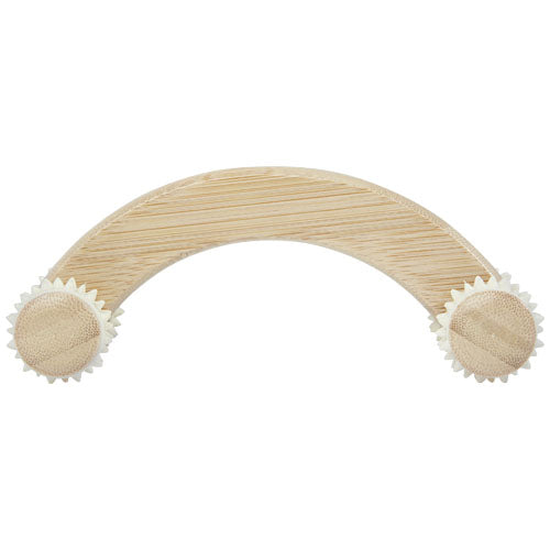 Volu Massagegerät aus Bambus, gebogen, mit zwei Rollen, nachhaltig, individuell mit Logo von Signalshop.de bedruckbar.