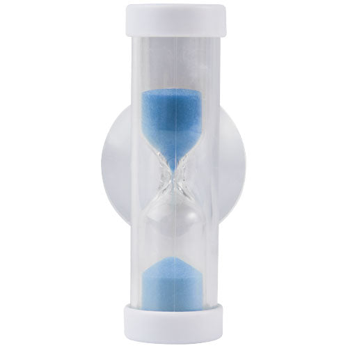 Transparenter Catto-Duschtimer aus Kunststoff mit blauer Sanduhr, individuell gestaltbar bei Signalshop.de für Werbeartikel.