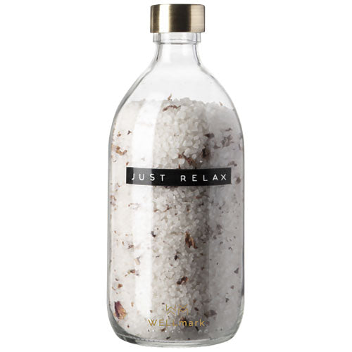 Wellmark Just Relax Badesalz 500 ml in Glasflasche, individuell bedruckbar, Signalshop.de Werbeartikel