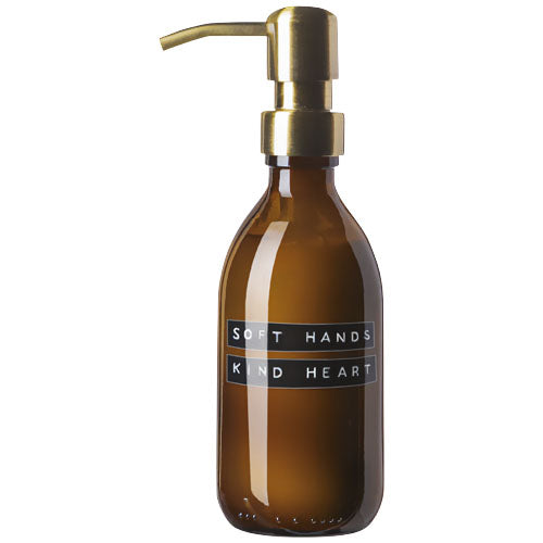 Brauner Wellmark Handlotion-Spender 250 ml aus Glas mit goldfarbenem Pumpkopf, individuell gestaltbar, Signalshop.de Werbeartikel
