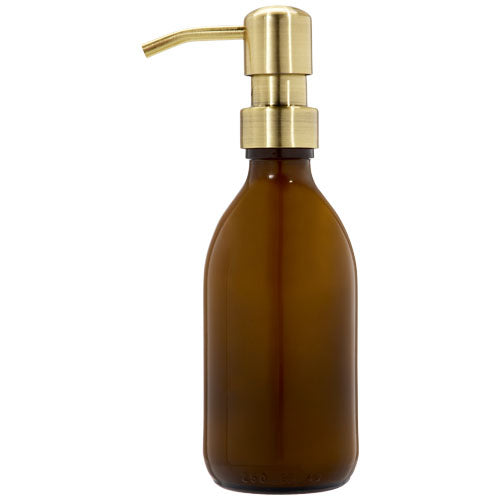Brauner Wellmark Handlotion-Spender aus Glas mit goldfarbenem Pumpaufsatz, individuell gestaltbar, Signalshop.de Werbeartikel.