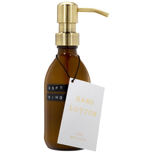 Brauner Wellmark Handlotion-Spender aus Glas mit goldenem Pumpkopf, individuell gestaltbar, bei Signalshop.de erhältlich. Werbeartikel, Werbegeschenke, Werbemittel, Giveaway.