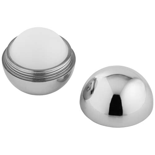 Elena Lippenpflege in silberner Kugelform, individuell mit Logo gestaltbar, erhältlich bei Signalshop.de, idealer Werbeartikel.