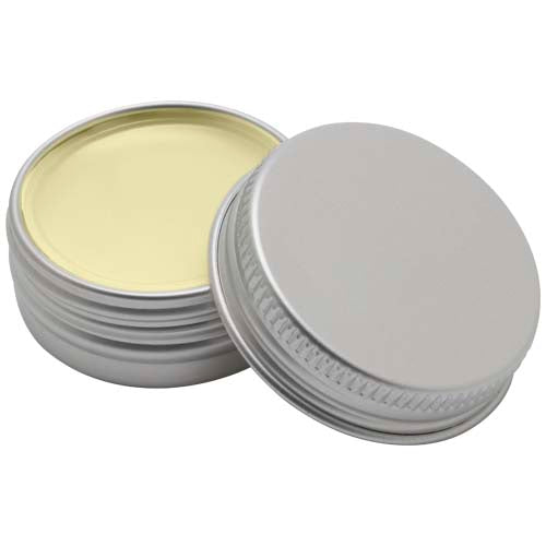 Estelle Lippenpflege in silberner Dose, individuell bedruckbar, von Signalshop.de; idealer Werbeartikel.