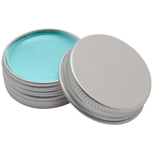 Estelle Lippenpflege in runder, silberner Dose, individuell gestaltbar, Signalshop.de Werbeartikel Giveaway.