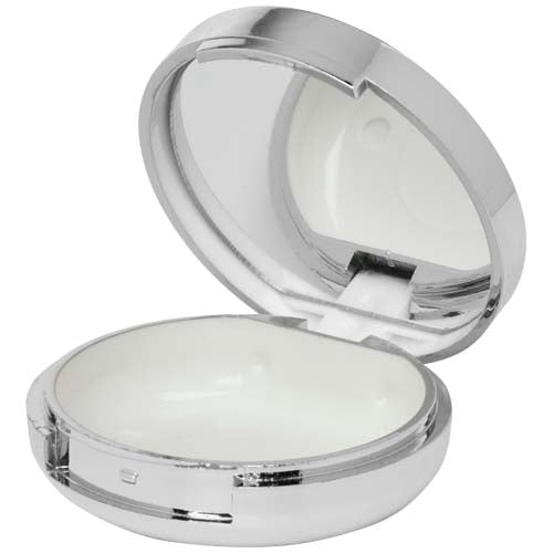 Ero Lippenpflege in silberner Dose, individuell bedruckbar, mit Vanilleduft und Lichtschutzfaktor bei Signalshop.de.