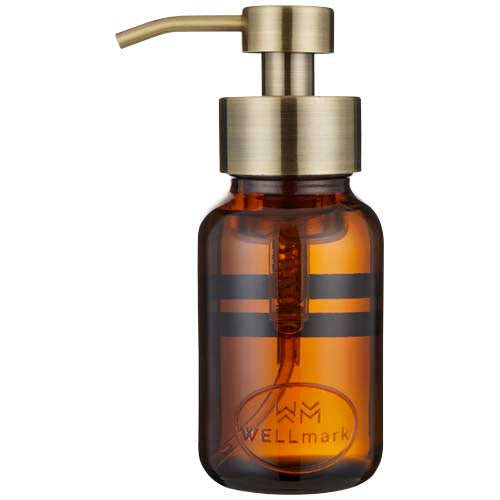 Braune Wellmark 250 ml Duschgel-Glasflasche mit goldenem Pumpspender, individuell gestaltbar, Signalshop.de Werbeartikel