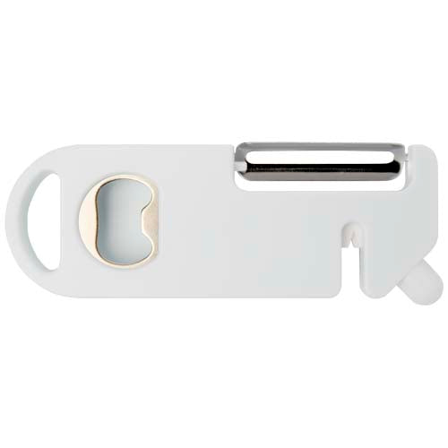 Weißes Kipper Mehrzweck Küchengerät mit Schäler, Flaschenöffner und Messerschärfer von Signalshop.de, individuell bedruckbar.