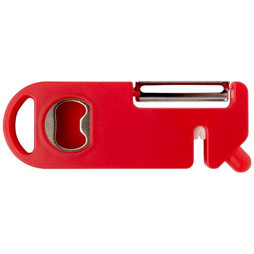 Rotes Kipper Mehrzweck Küchengerät mit Schäler, Flaschenöffner und Messerschärfer, individuell bedruckbar, Signalshop.de Werbeartikel.