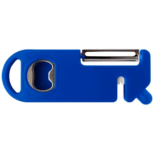 Blaues Kipper Mehrzweck Küchengerät mit Schäler, Flaschenöffner, Messerschärfer; individuell bei Signalshop.de.
