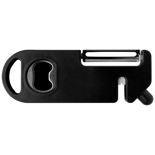 Schwarzes Kipper Mehrzweck Küchengerät aus Kunststoff mit Schäler, Flaschenöffner, Messerschärfer - individuell bedruckbar bei Signalshop.de. Ideal als Werbeartikel, Werbegeschenke, Werbemittel, Giveaway.