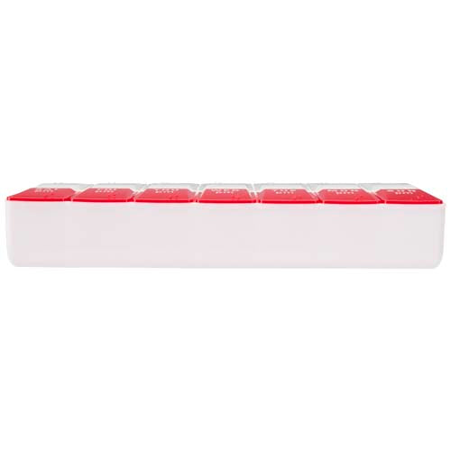 Roter und weißer Multivitamin-Organizer für 7 Tage von Signalshop.de, individuell bedruckbar. Werbeartikel, Giveaway.