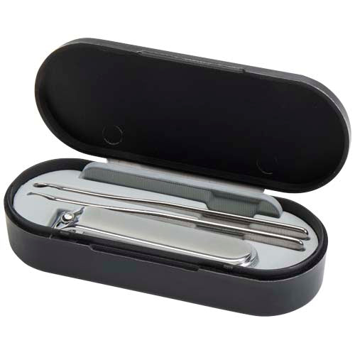 Beautix Maniküreset in schwarzem Etui mit Knipser, Nagelhautstift und Ohrlöffel, individuell gestaltbar bei Signalshop.de. Werbeartikel, Werbegeschenke, Werbemittel, Giveaway.