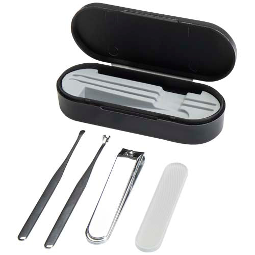 Beautix Maniküreset in schwarzer Box mit Knipser, Feile, Stift, individuell mit Logo bei Signalshop.de.