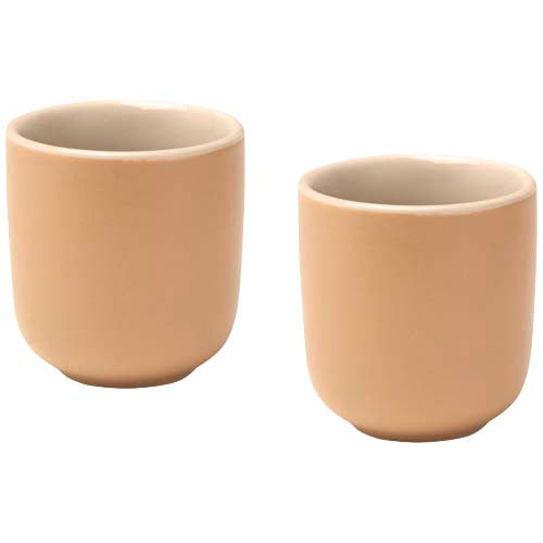 Signalshop.de: Beige Keramik Espressotassen 90 ml im 2er Set, individuell bedruckbar, ideal als Werbeartikel, Giveaway.