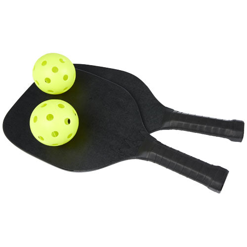 Schwarzes Enrique Paddelballset mit gelben Bällen, individuell bedruckbar, von Signalshop.de als Werbeartikel.