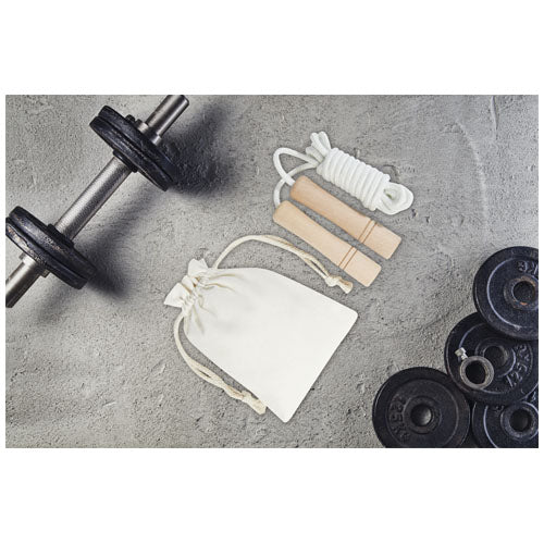 Denise Holz-Springseil mit Baumwollbeutel, individuell gestaltbar, ideal für Fitness-Training, Signalshop.de Werbeartikel.