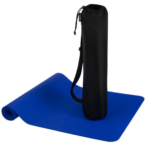 Blaue Virabha Yogamatte aus recyceltem TPE mit Tasche, individuell bedruckbar, Signalshop.de Werbeartikel.