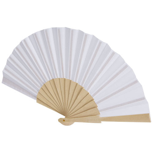 Weißer Manuela Handfächer aus Papier und Holz, individuell mit Logo bedruckbar, erhältlich bei Signalshop.de, ideal als Werbeartikel, Werbegeschenk, Werbemittel, Giveaway.