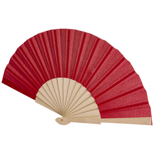 Roter Manuela Handfächer aus Holz und Stoff, individuell bedruckbar mit Logo, von Signalshop.de. Werbeartikel.
