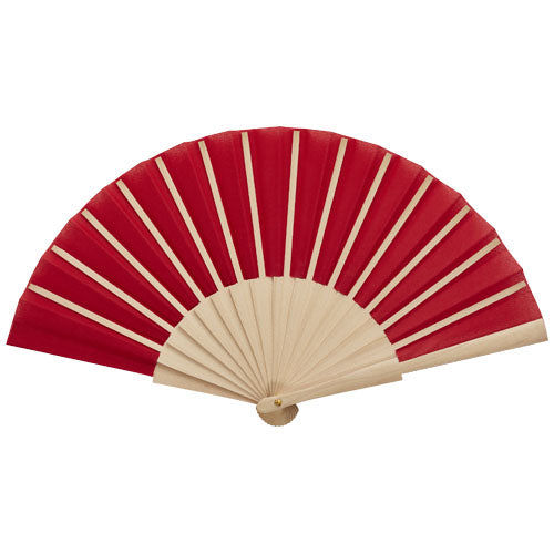 Roter Manuela Handfächer aus Holz und Stoff, individuell mit Logo bedruckbar, erhältlich bei Signalshop.de als Werbeartikel.