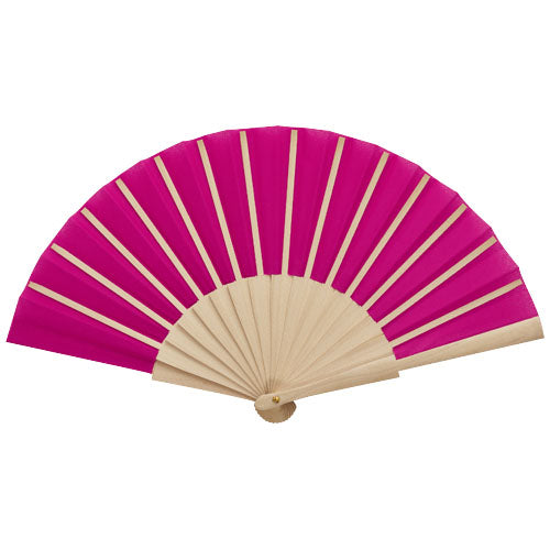 Pinkfarbener Manuela Handfächer aus Holz und Stoff von Signalshop.de, individuell bedruckbar, ideal als Werbeartikel.