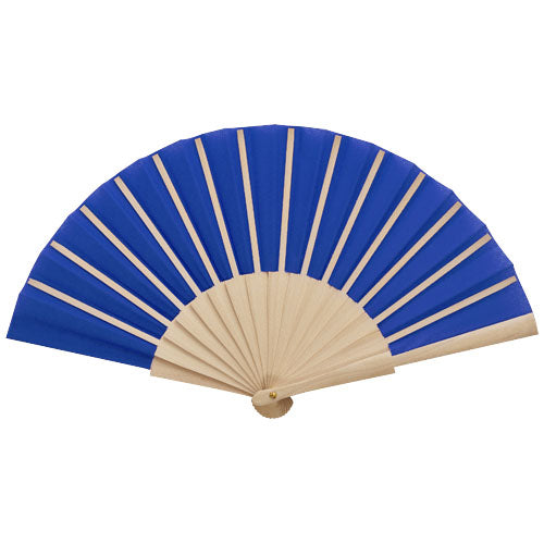 Blauer Manuela Handfächer aus Holz, individuell bedruckbar, ideal als Werbeartikel von Signalshop.de, Werbegeschenke, Werbemittel, Giveaway.