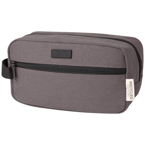 Graue Joey Kosmetiktasche aus recyceltem Canvas mit Logo-Druckfläche, erhältlich bei Signalshop.de für Werbeartikel.