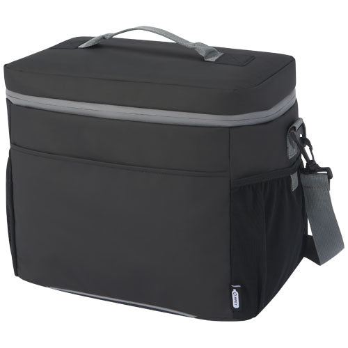 Schwarze wasserdichte Kühltasche aus recyceltem Material, individuell bedruckbar, Signalshop.de Werbeartikel.