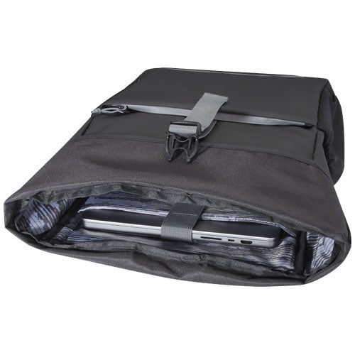Schwarze wasserabweisende Fahrradtasche aus Recyclingmaterial, Roll-top, 20L, individuell mit Logo von Signalshop.de bedruckbar, ideal als Werbeartikel oder Giveaway.