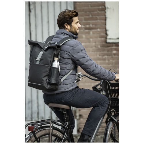 Schwarze Aqua 15" Fahrradtasche, wasserfest, GRS recycelt, Roll-top, individuell bedruckbar, Signalshop.de Werbemittel.