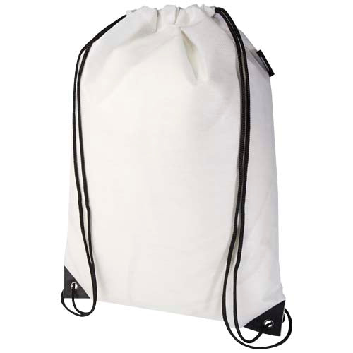 Weißer Sportbeutel aus recyceltem GRS Non Woven mit Kordelzug, individuell mit Logo bei Signalshop.de gestaltbar.