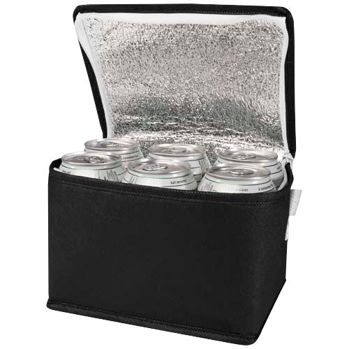 Schwarze Spectrum Kühltasche aus recyceltem Non Woven für 6 Dosen, individuell bedruckbar, Signalshop.de Werbeartikel.